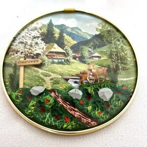 RARE VINTAGE Schwarzwald Germany Gesetzlich Domed Convex Glass Wall Cottage Deer